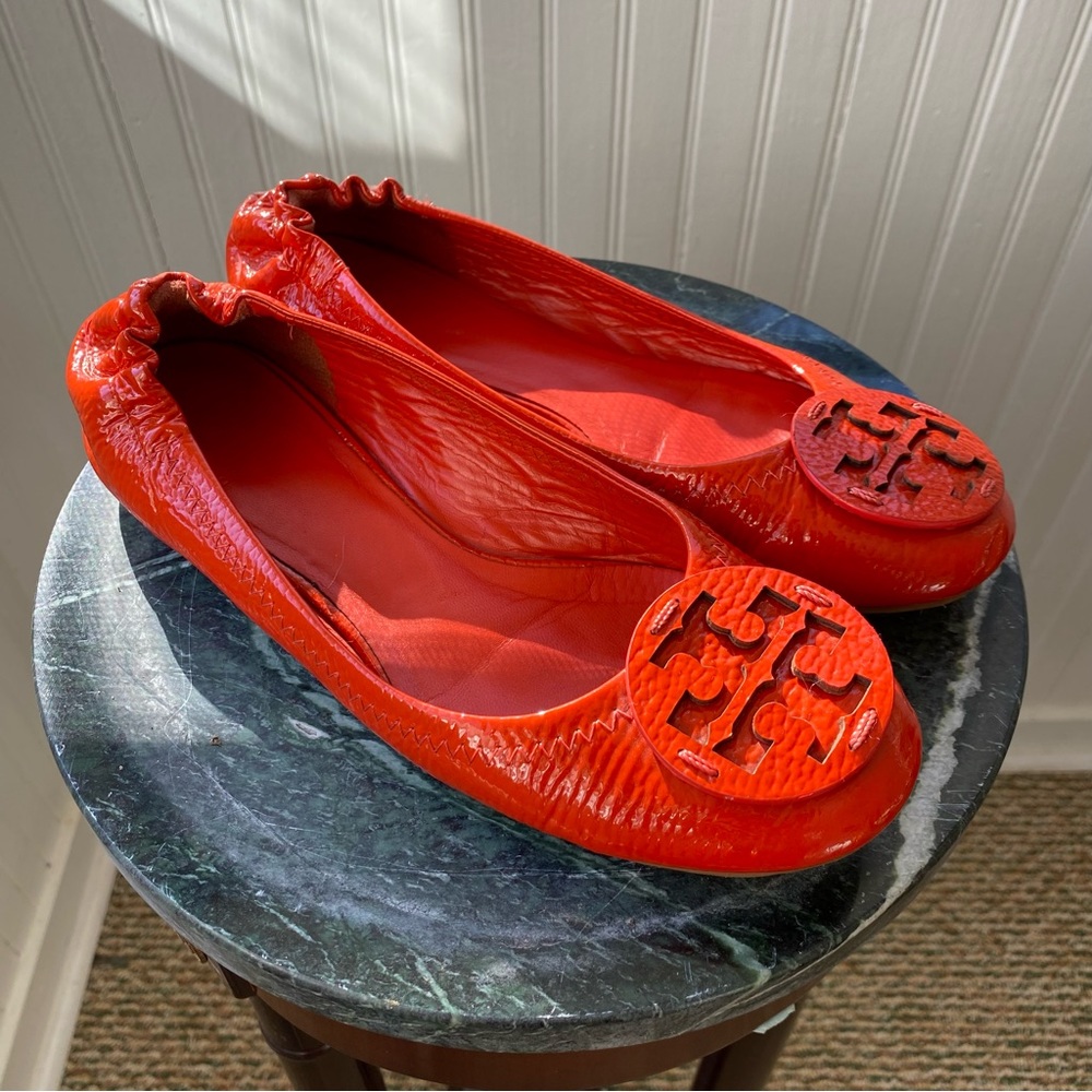 Tory Burch Orange Ballet Flats Patent Leather Gem